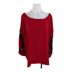 Single Tread Plus Size 3X Oversized Top Blouse Red Black Lace Trim Long Sleeve